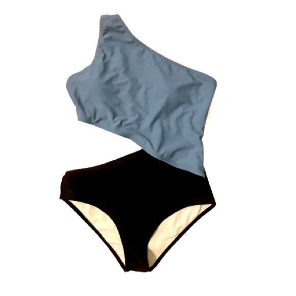 NWOT cutout one shoulder swimsuit, light blue and black color lock, size Large - Picture 2 of 6